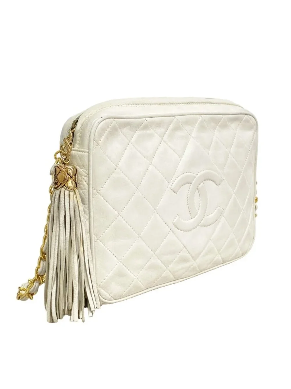 Chanel Shoulder Bag Quilted Lambskin White Gold